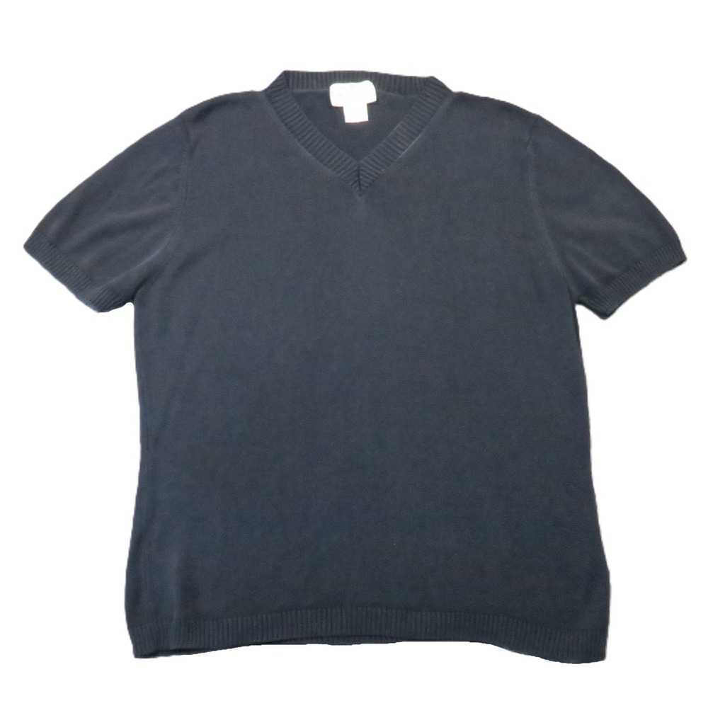 Henri Bendel Silk V-Neck Sweater XL Black Short‎ Sleeve Quiet Luxury Vintage 90s